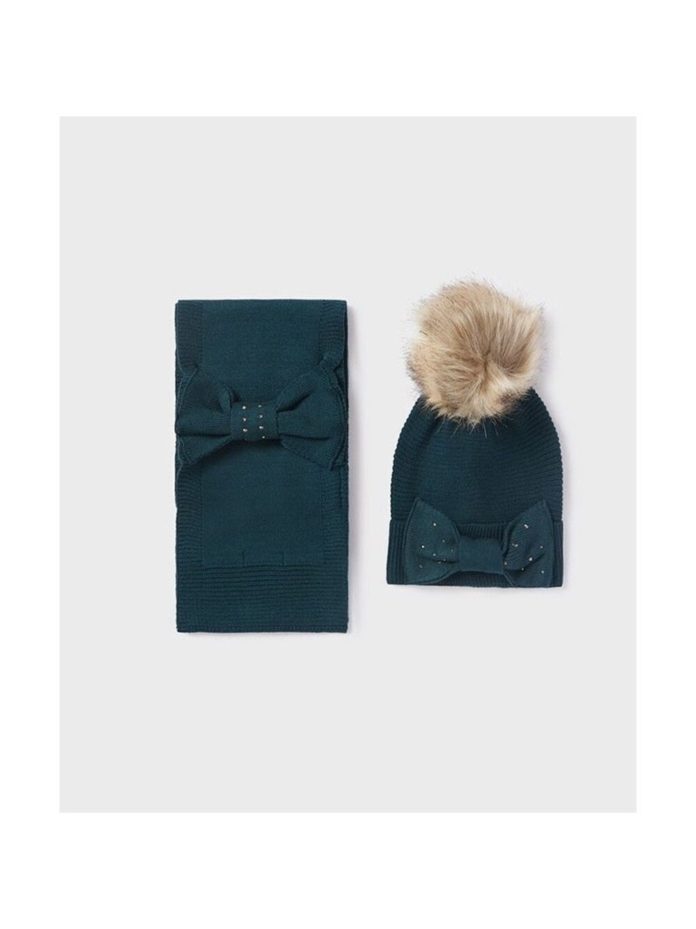 Size 12 Girls Mayoral Teal Hat and Scarf Set with Faux Fur Pom